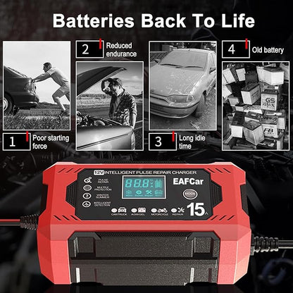 15-Amp Battery Charger, 12V Trickle Charger Car Battery Charger, Smart Automatic Lead Acid Charging with Temperature Compensation for Car Truck Lawn Mower Boat Marine(15A)