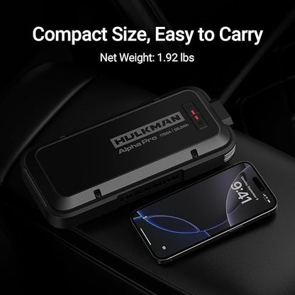 Hulkman Alpha Pro Solid Black, 1750A 59.2Wh Car Jump Starter Portable, High-Capacity Battery Booster & Jumper Cables, 3.3" Display Jump Box, PD65W in&Out, 12V Battery Pack for 8.0L Gas/5.0L Diesel