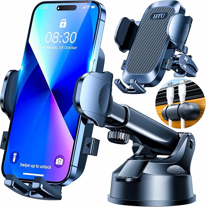 HTU [True Military-Grade] 2025 Upgraded Car Phone Holder 【Safety Certs & No Smell】 Cell Phone Holder for Car Mount for Dashboard Windshield Air Vent Long Arm Thick Case,Black