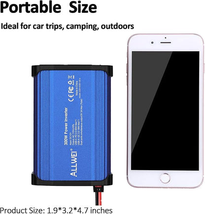 ALLWEI 300W Car Power Inverter DC 12V to 110V AC Power inverters for Vehicles Converter USB-C PD65W/18W USB Fast Charging Ports Car Charger Adapter (Blue)