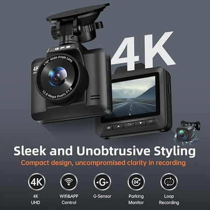 Dash Cam Front and Rear, Ecomoment 4K+1080P Dual Dash Camera for Cars, Built-in WiFi GPS Dashboard Camera, 2.4" IPS Screen Dashcam, 170° Wide, Night Vision, WDR, G-Sensor, 32GB SD Card Included