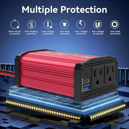 300W Car Power Inverter 12v to 110v, Car Plug in Adapter Outlet with PD 27w USB-C and Fast Charger 18w USB-A, Car Outlet Adapter, Car Converter to Outlet Plug, Power Inverters for Vehicles (Red)