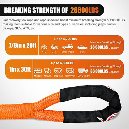 Nilight Kinetic Recovery Tow Rope 7/8" x 20ft (28,600LBS) with 2 Soft Shackle 1/2" x 24" Snatch Strap Heavy Duty Offroad Towing Strap kit for UTV ATV SUV Truck Car Jeep Tractor