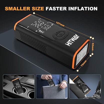 HITWAY Portable Electric Inflator Pump Supports up to 150PSI, fast inflation, suitable for car, motorcycle, bicycle tires and sports equipment, LCD display screen, USB charging, built-in LED light