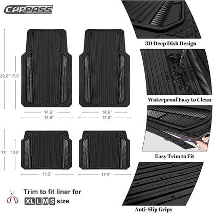 CAR PASS Heavy Duty Rubber Car Mats Metallic,Aluminum Film All Weather Floor Mats Waterproof Universal Trim to Fit SUVs Sedans Vans 4 Piece Anodized Deep Dish Two-Tone Sporty Carbon Fiber Black Chrome