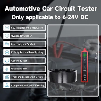 Automotive Car Circuit Tester 12V 24V DC Power Probe Tester with Overload Protection 12V Short Circuit Finder with Test Light for Continuity Testing Grounding Checking