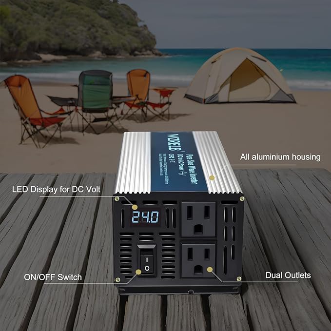 WZRELB 1000W Pure Sine Wave Inverter 24V DC to 110V 120V AC,Car Power Inverter with Dual AC Outlets, LED Display,Off-Grid Portable Power Converter for Home, RV, Truck, Camping