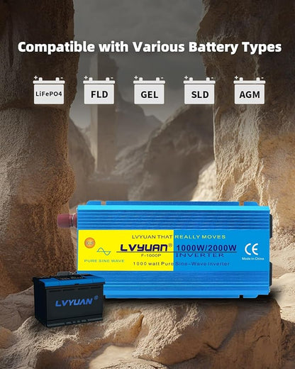 LVYUAN 1000 Watt Pure Sine Wave Inverter 12V to 110V 120V DC to AC with U.S. Outlet, USB Charger Ports, Car Power Inverter for Vehicles, RV, Outdoor, Home