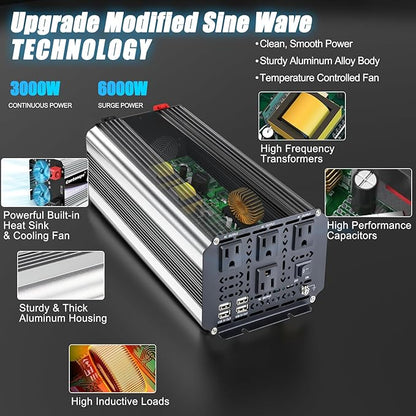 3000W Power Inverter 24V to 110V/120V DC to AC with LCD Display, Remote Controller and 4 x AC Outlets Car Adapter for Car Truck Boat RV Off Grid Solar System