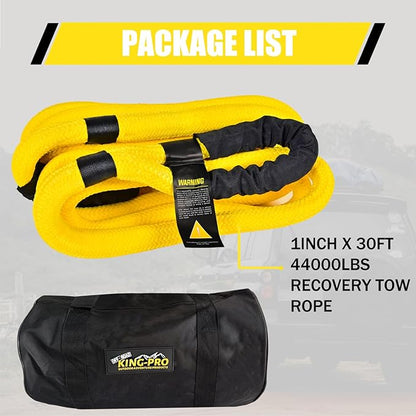 KING-PRO Kinetic Recovery Rope 1“x30' Towing Rope 44,000lbs Breaking Strength 100% Nylon Made Heavy Duty Offroad Snatch Strap 30% Elasticity for Full-Size Truck Large SUVs Offroad Vehicels