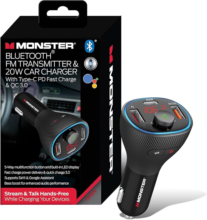 Monster Bluetooth FM Transmitter for Car Cigarette Lighter with 20W QC3.0 USB A & USB C PD Charger, Bass Boost Button, Flash Drive Port, Google Voice & Siri Compatible, Hands-Free Calls, Microphone