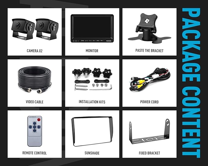 Fookoo Ⅱ 7" 1080P Wired Backup Camera System, 7-inch HD Dual Split Screen Monitor W/Recording IP69 Waterproof Front/Rear View Cameras Parking Lines for Truck/Trailer/RV (FHD2)