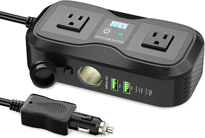 7 in 1 Car Power Inverter, 200W DC 12V to 110V AC Car Inverter with LED Voltmeter, 4-Port PD/QC3.0 Charge, 2 Car Outlets and Cigarette Lighter Adapter USB C Car Charger for All Car Devices