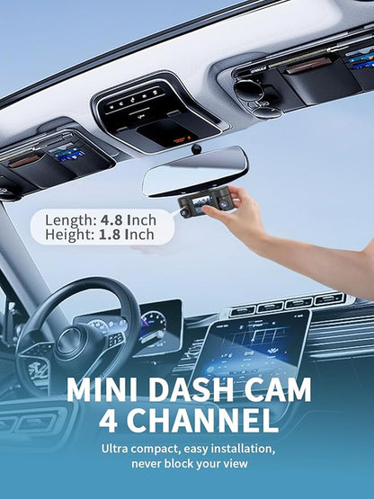Dash Cam Front and Rear Inside, 360° Dash Camera for Cars 4 Channel 4K/2K FHD Mini Dashcam, Car Camera Built-in WiFi GPS, with 64GB Card, Voice Control, Night Vision WDR/HDR,24/7 Parking Mode V50-4CH