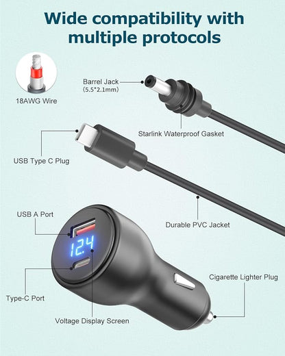 Starlink Mini USB C Power Cable 5.9FT 3 in 1 Starlink Mini Car Adapter DC Power Cable and Car Charger Smart Boost 12V to 20V/100W with Digital Display Durable USB C PD 100W and USB A 18W Port 1.8M