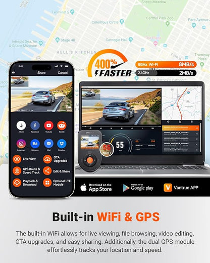 Vantrue S1 Pro Dual 1440P Dash Cam Front and Rear, Dash Camera w/2.7K, STARVIS 2, HDR Night Vision, 5G WiFi, 60FPS, Optional Remote Live View, GPS, Voice Control,24/7 Parking Mode, Support 512GB Max