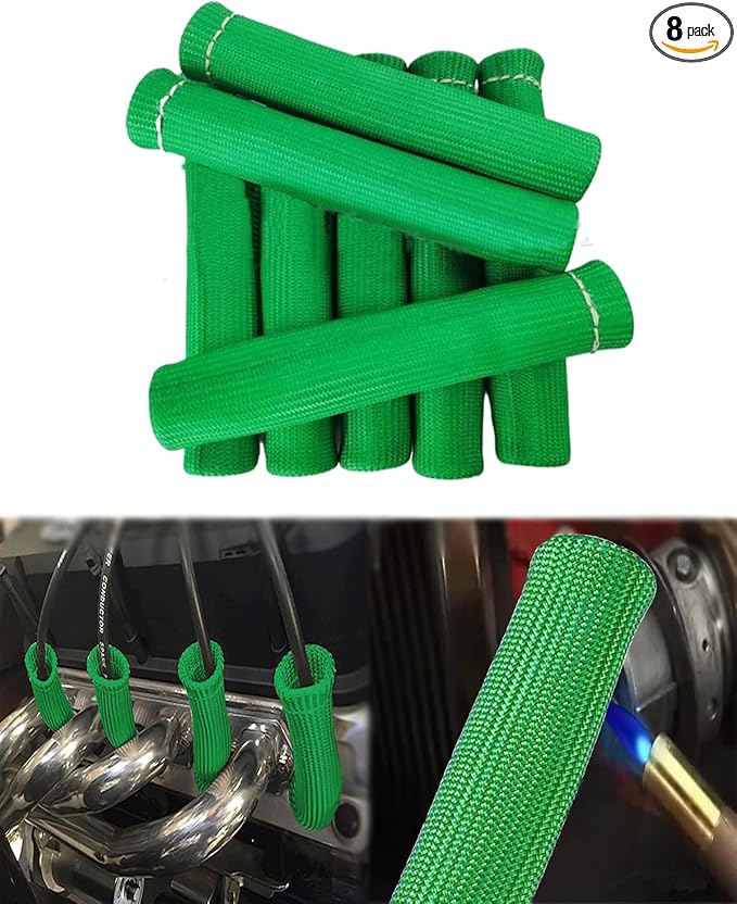 Spark Plug Wire Boots Protector - 8 PCS 2500° Spark Plug Wire Boots Protector, 6 Inches Spark Plug Heat Sleeve Protection Cover Replacement for LS1 / LS2 SBC BBC 350 454 Car Truck, Green