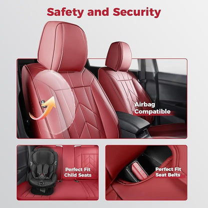 Wine Red Car Seat Covers Full Set - Waterproof Leather Car Seat Protector Universal Fit Colorado Equinox Malibu Blazer Trailblazer Trax