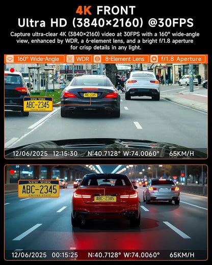 4K Dash Cam Front and Inside, 360 Camera for Car 2-Channel Dashcam 160°+185° Ultra Wide Angle, 4K/2.5K WDR, IR Night Vision, WiFi & APP Control, GPS, G-Sensor, 64GB Card, GT820 Black