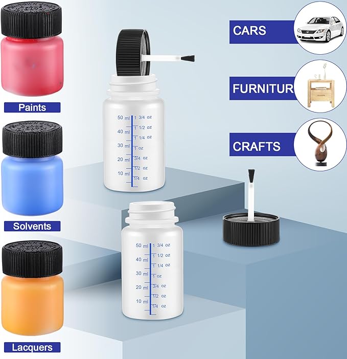 Maxcheck 120 Pcs Touch up Paint Bottles with Applicator Brush and Lids 2 oz and 1 oz Liquid Capacity Plastic Leftover Touch up Paint Container with Mixing Ball for Fixing Wall Stone Chip Car Surface