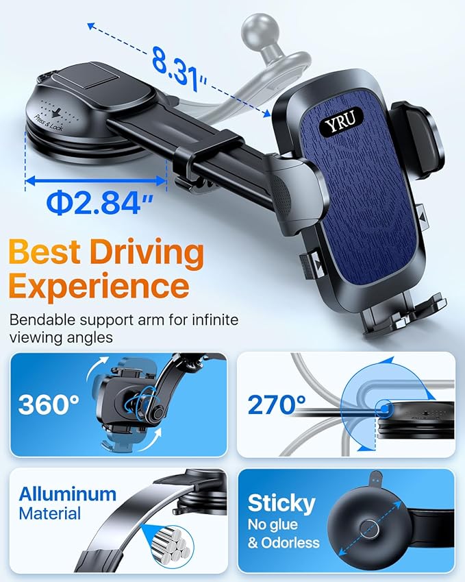 YRU [2025 Ultimate Car Phone Holder Mount [Bendable & Adjustable Aluminum Arm] Cell Phone Holder for Car Dashboard Windshield Phone Stand for iPhone16 15 14 Pro Max Samsung Pickup Truck, Dark Blue