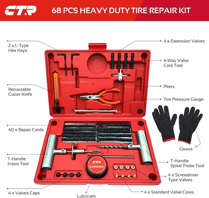 CTR Heavy Duty Tire Plug Kit - 68pcs All-in-One Universal Tire Repair Kit with Plugs, Professional Tools for Tubeless Tyre Flats for Cars, Truck, RV, SUV, ATV, Motorcycle, Tractor, Trailer - GE0001