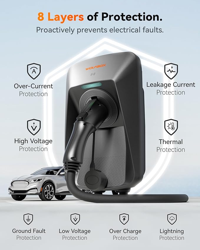 WOLFBOX Level 2 ev Charger 50 Amp J1772,Hardwired ev Charger Level 2 with NEMA 14-50 Plug 25ft Cable,Smart APP&RFID Card Control,240V Electric Vehicle Charging Station for Electric Automobile(WE50)