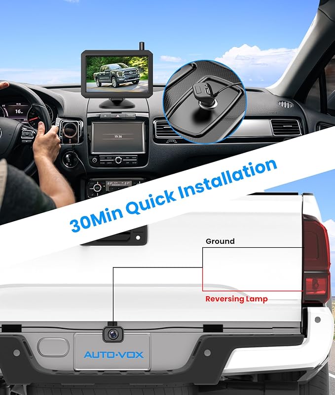 Wireless Backup Camera for Trucks: 5 Inch HD Monitor, Easy Install Stable Digital Signal Back Up Camera System, Dual Channel Color Night Vision Rear View Camera for Car Pickup SUV Van - AUTO-VOX W7Pro