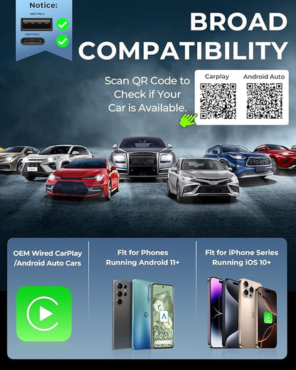 AuroraLink Wireless Carplay Adapter & Android Auto Wireless Adapter 2-in-1 Fast & Stable Carplay Wireless Adapter Convert Wired to Wireless Car Play Adapter for iOS 10+/Android 11+ (Dark Purple)
