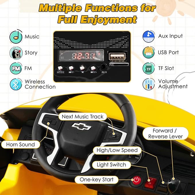HONEY JOY Ride On Truck, 12V Licensed Chevrolet Tahoe, Chevy Electric Vehicle for Kids, Soft Start, Music, Lights, Battery Powered Ride On Car Toy with Remote Control, Gift for Boys Girls (Yellow)