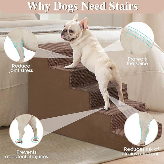 GGIB Dog Stairs for Small Dogs Cats Non-Slip Dog Steps for High Bed Pet Stairs for Sofa Couch Pet Ramp Pet Steps with Removable Washable Cover, Brown, 22" H, 5-Step