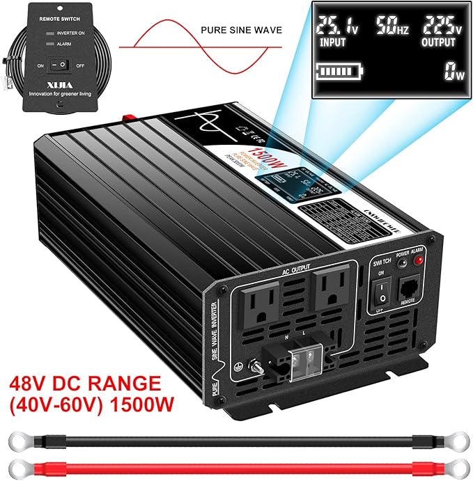 Xijia 1500W(Peak Power 3000W) 48v to 120v Pure sine Wave 60HZ Solar Inverter for Home Use car (DC48V (Range 40V-60V) 1500W)