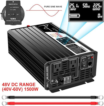 Xijia 1500W(Peak Power 3000W) 48v to 120v Pure sine Wave 60HZ Solar Inverter for Home Use car (DC48V (Range 40V-60V) 1500W)