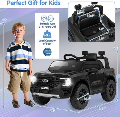 HONEY JOY Ride On Car, 12V Licensed Ford Ranger Electric Vehicle for Kids, Spring Suspension, Music & 3 Speeds, Horn, LED Lights, Battery Powered Ride On Toy with Remote Control(Black)
