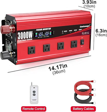 3000W Power Inverter 12V to 110V/120V DC to AC with LCD Display, Remote Controller 4 x AC Outlets and 4 x 3.1A USB Car Adapter for Car Truck Boat RV Solar System