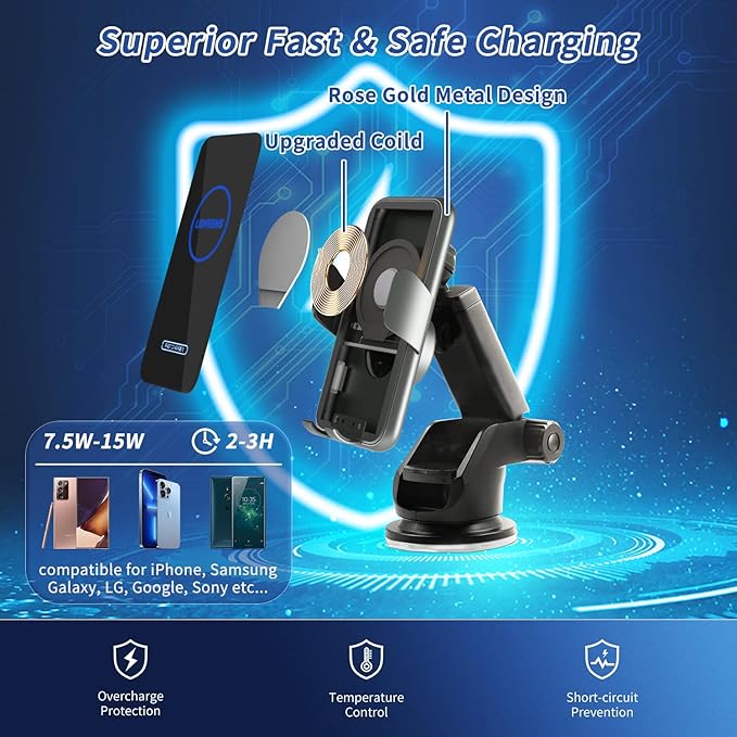 15W Fast Car Mount Charger, Charging Wireless Car Charger Phone Mount Phone Stand, Car Charger for iPhone 15 14 13 12 11 Pro Max, Samsung etc Windshield Dashboard Air Vent Auto Clamping Phone Holder