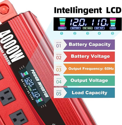 4000W Power Inverter 12V to 110V/120V DC to AC with LCD Display, Remote Controller 5 x AC Outlets and 4 x 3.1A USB Car Adapter for Car Truck Boat RV Solar System