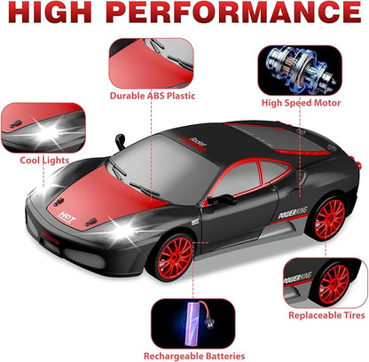 RC Drift Cars, 2.4Ghz 1:24 Remote Control Car 4WD High Speed Drifting RC Car with LED Light and Drift Tires Racing Toy Cars for Kids Boys Girls Adults(Black)