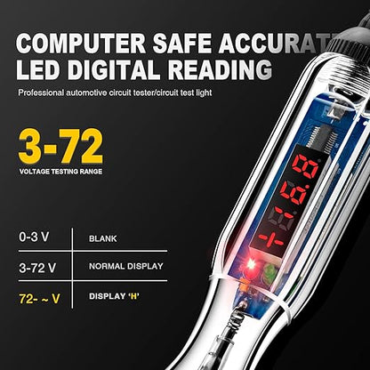 Upgraded 3-72V LED Digital Automotive Circuit Tester, DC Voltage Test Light with Voltmeter & Polarity Indicator Light, Vehicle Circuits Low Voltage Light Tester Pen with Sharp Stainless Probe