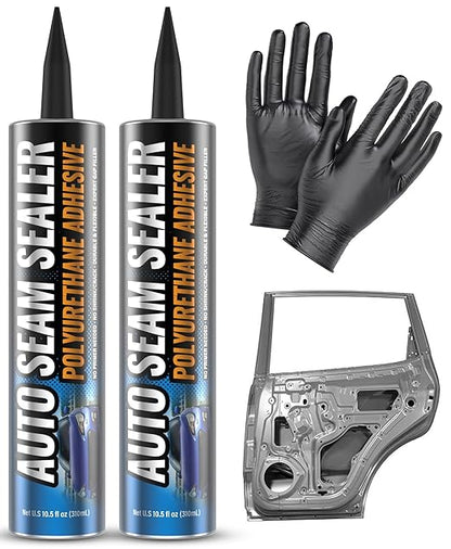 [2 Pack] Professional Automotive Seam Sealer, Paintable Quick-Set Polyurethane Auto Body Seam Sealer for Metal Surfaces of Cars, Trucks, Etc, Includes Gloves & Tip - White RV Roof Sealant