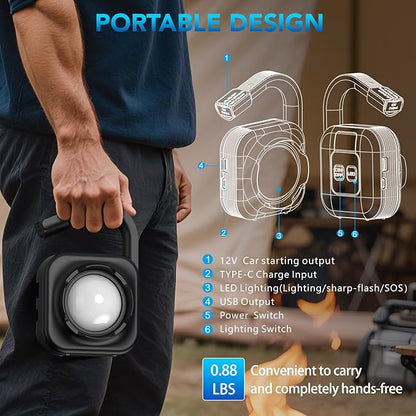 Portable Car Jump Starter with Camp Light, 2000A Peak, Ultrasafe 12V Battery, 8000mAh, for 9L Gas/7L Diesel Engines, Dead Battery Booster, USB Output Power Bank