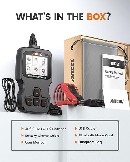 ANCEL AD310 Pro OBD2 Scanner Diagnostic Tool & Car Battery Tester & Bluetooth OBD2 Reader, Check Engine Code Reader for Car with Lights Reset Live Data, 12V 24V Battery Charging/Cranking System Test