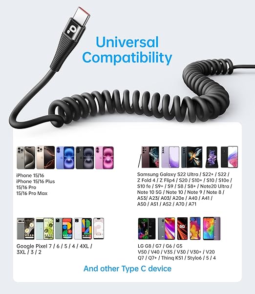USB C to C Cable for Car 3FT&5FT, 100W Coiled USB C Fast Charging Cable for iPhone 16 Short USB Type C Cable for iPhone 15/Pro/Plus/Pro Max/Samsung Galaxy S23, Compatible All Type C Devices-Black
