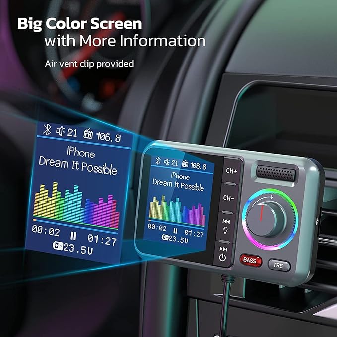 Nulaxy Bluetooth FM Transmitter for Car, Wireless Car Bluetooth Adapter with Big Color Screen, Support QC3.0 Fast Charging, Hands-Free Call, MP3 Music Player BASS&TRE Booster, TF Card AUX-KM28 Grey