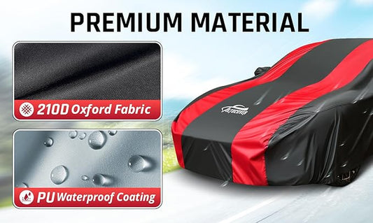 Sedan Car Cover Waterproof All Weather Protection with Red Stripe Design,Outdoor Car Cover Universal Fit Lincoln MKZ, Chrysler 300, Tesla Model S, Cadillac CTS CT5, Dodge Challenger Charger