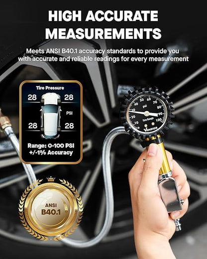 Vondior Tire Inflator with Pressure Gauge(0-100 PSI) - ANSI B40.1 Accurate, Large 2" Glow Dial, Premium Braided Hose, Durable Rubber Hose, Perfect for Any Car, Truck, Motorcycle, RV