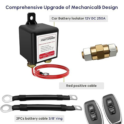 Side Post Remote Battery Disconnect Switch 12V, 250A Negative Battery Cut Off Switch Anti-Theft Kill Switch Kit Upgrade Prevent Battery Drain for Car Truck, RV Auto, Boat,Vehicle etc