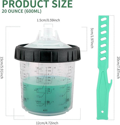 Disposable Paint Spray Gun Cups for Automotive Paint Gun, Paint Mixing Cups 20 Ounce-50 Pack Paint Cups with Lids,1 Hard Cup with Retainer Ring, 1 Cup Adapter, 20 Plugs with 1 Paint Stirrer