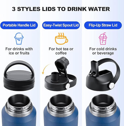 SENDESTAR 40oz Stainless Steel Water Bottle(Cold for 48 Hrs, Hot for 24 Hrs),Double Wall Vacuum Insulated Bottle with Straw Lid, Spout Lid and Flex Cap, Fit in Any Car Cup Holder，Grey-B