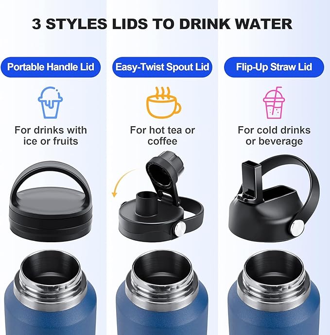 SENDESTAR 40oz Stainless Steel Water Bottle(Cold for 48 Hrs, Hot for 24 Hrs),Double Wall Vacuum Insulated Bottle with Straw Lid, Spout Lid and Flex Cap, Fit in Any Car Cup Holder，Navy